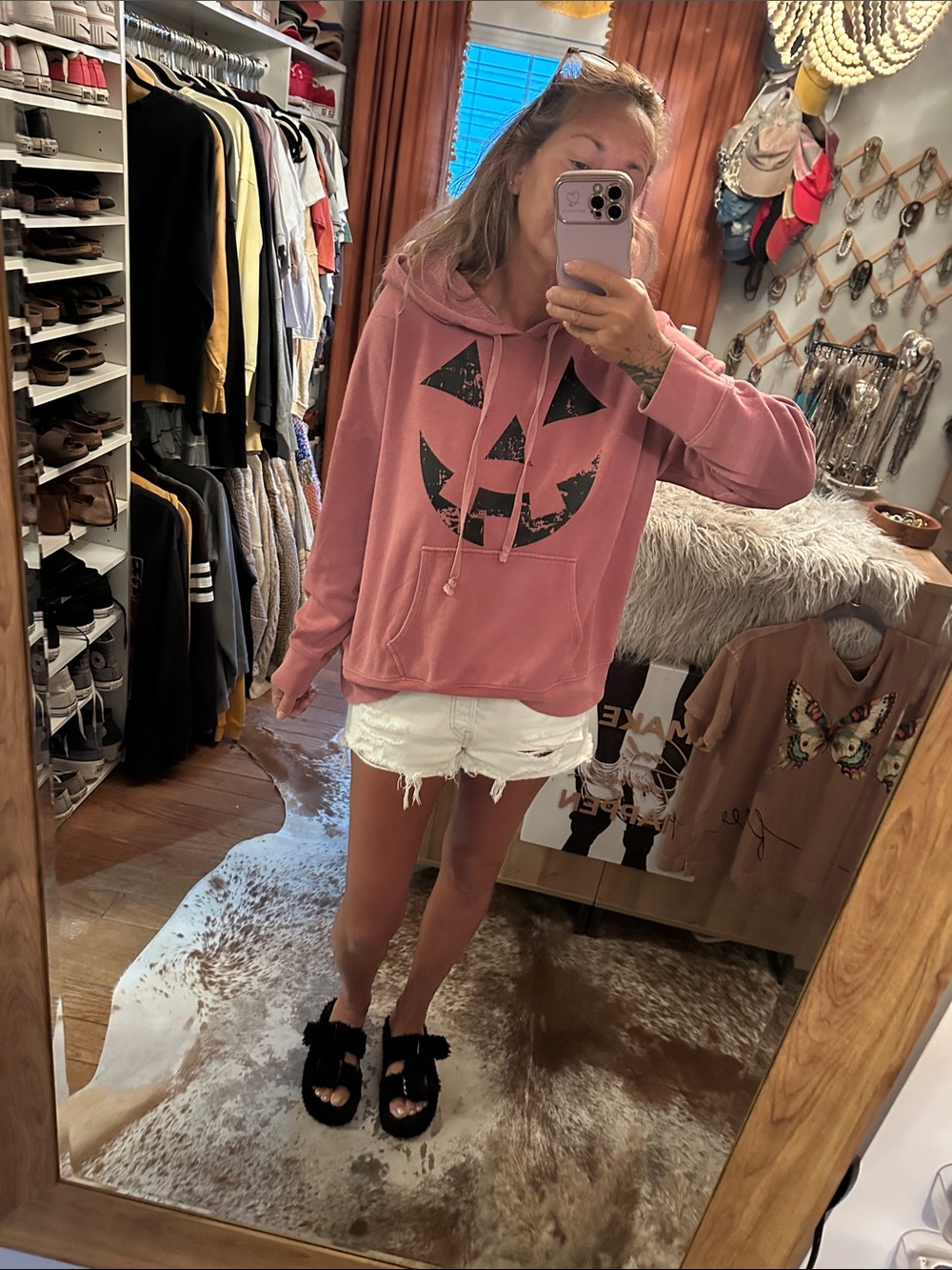 American Eagle Outfitters Dusty Rose Hoodie with Distressed Pumpkin Face
